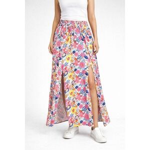White Birch Floral Maxi Skirt Smocked Elastic Waist Pink Yellow Split Hem Sz XL